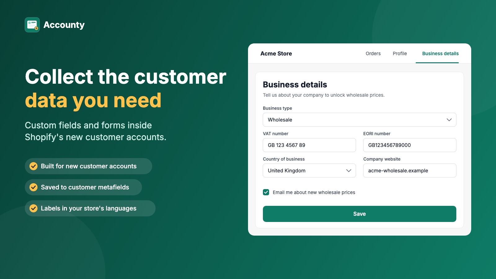 A Business details form inside a store's customer account, with business type, VAT number, EORI number, country and website fields.