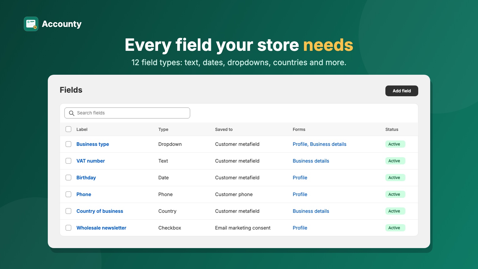 The Fields page in the app: a table of customer fields with their type, where each is saved and which forms use it.