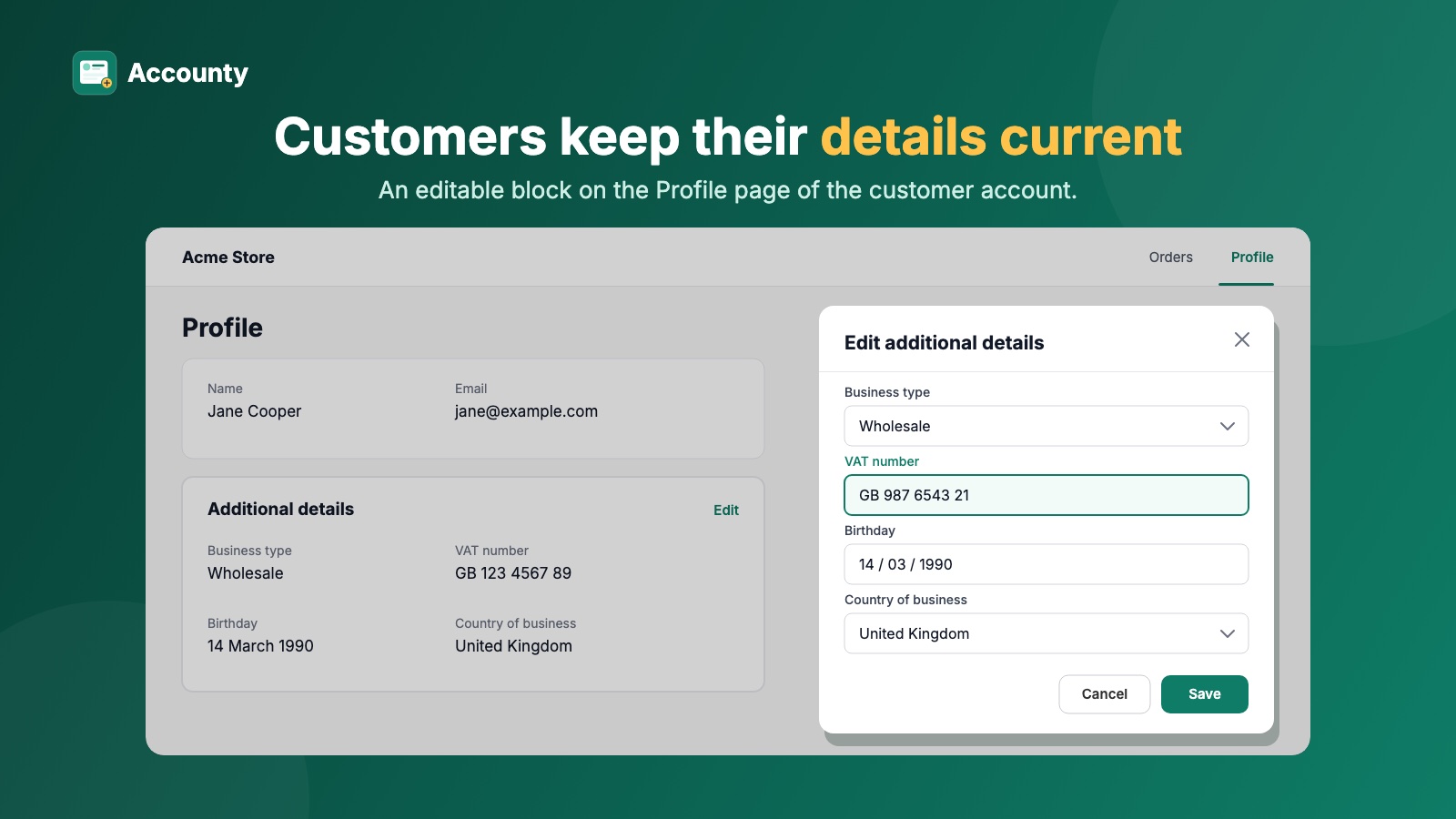 A customer's Profile page with an Additional details block and an open modal for editing those details.